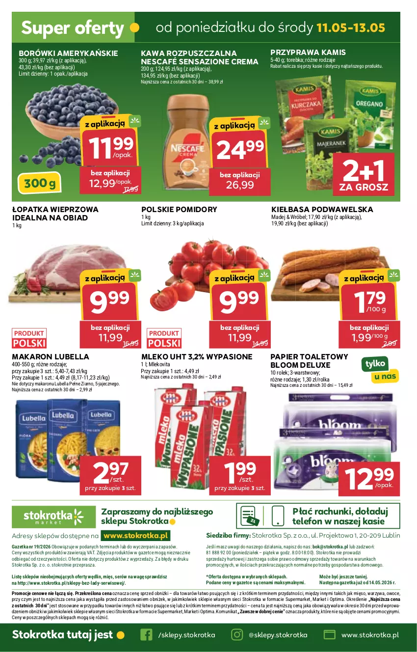 Gazetka promocyjna Stokrotka - Market - ważna 07.05 do 13.05.2026 - strona 39 - produkty: Bell, Bella, Dres, JBL, Kamis, Kawa, Kawa rozpuszczalna, Kiełbasa, Kiełbasa podwawelska, Lubella, Makaron, Mięso, Mleko, Mlekovita, Nescafé, O nas, Optima, Owoce, Papier, Papier toaletowy, Pomidory, Ser, Telefon, Torebka, Wagi, Warzywa, Wawel