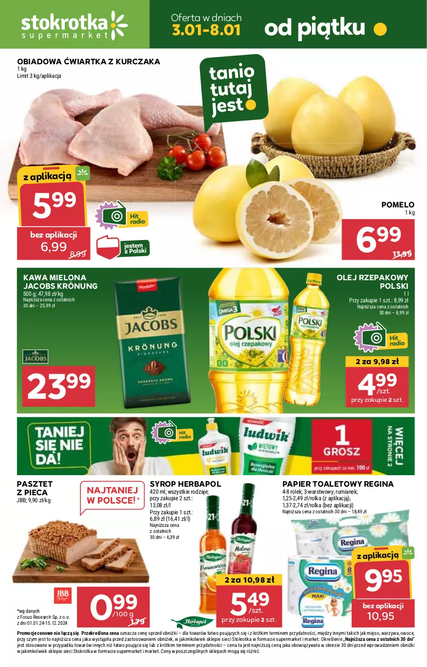 Gazetka promocyjna Stokrotka - Supermarket Opole/Radom - ważna 03.01 do 08.01.2025 - strona 1 - produkty: Gin, Herbapol, Jacobs, Jacobs Krönung, Kawa, Kawa mielona, Kurczak, Mięso, Olej, Olej rzepakowy, Owoce, Papier, Papier toaletowy, Pasztet, Piec, Pomelo, Rum, Syrop, Warzywa