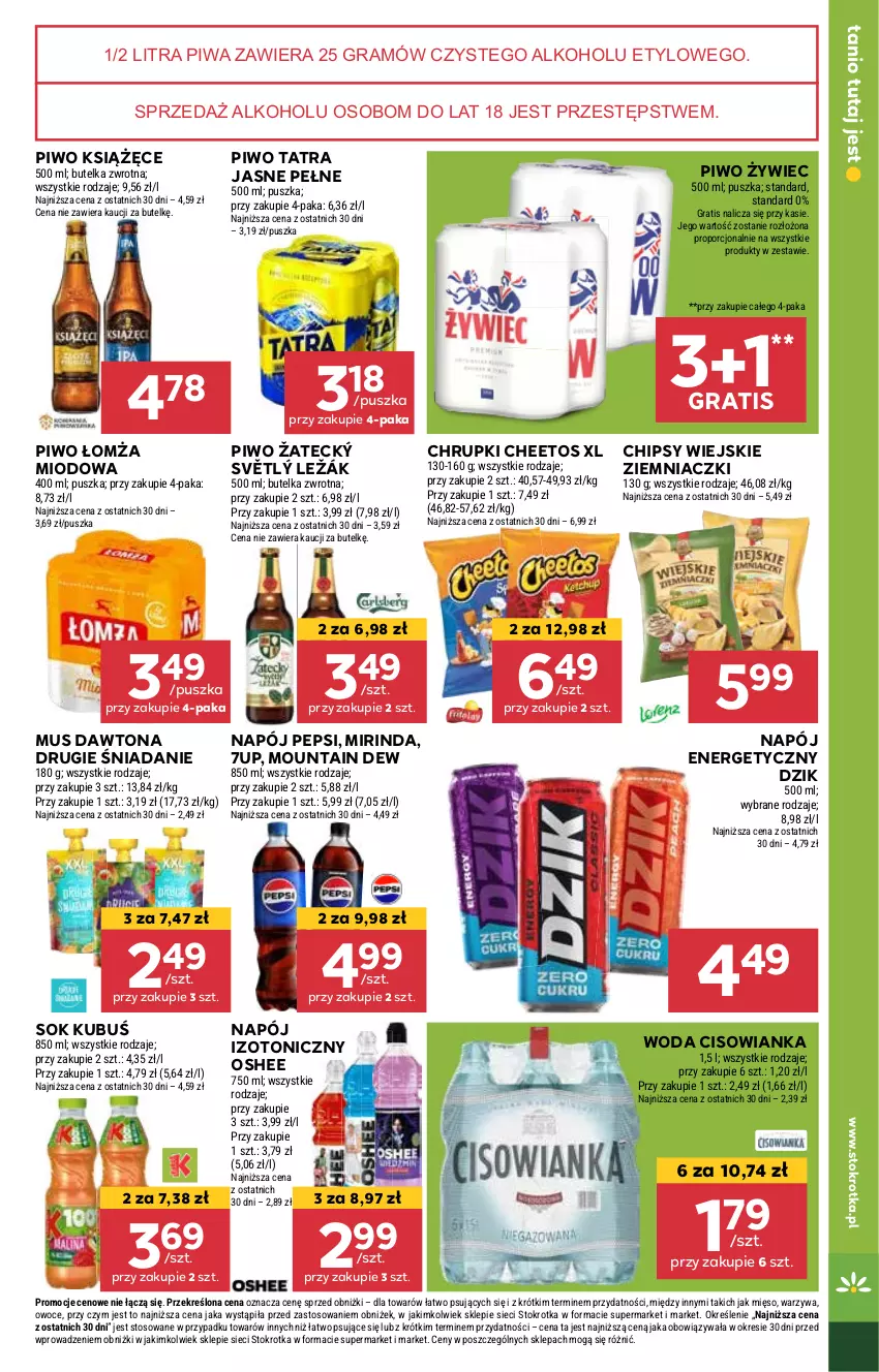 Gazetka promocyjna Stokrotka - Supermarket Opole/Radom - ważna 03.01 do 08.01.2025 - strona 21 - produkty: 7up, Cheetos, Chipsy, Chrupki, Cisowianka, Dawtona, Gra, Książęce, Kubuś, Mięso, Mirinda, Mus, Napój, Napój energetyczny, Napój izotoniczny, Oshee, Owoce, Pepsi, Piwa, Piwo, Por, Sok, Tatra, Warzywa, Woda