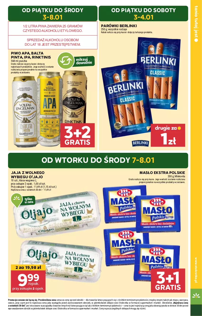 Gazetka promocyjna Stokrotka - Supermarket Opole/Radom - ważna 03.01 do 08.01.2025 - strona 5 - produkty: Berlinki, Gra, Jaja, Jaja z wolnego wybiegu, Masło, Mięso, Owoce, Parówki, Piwa, Piwo, Por, Warzywa