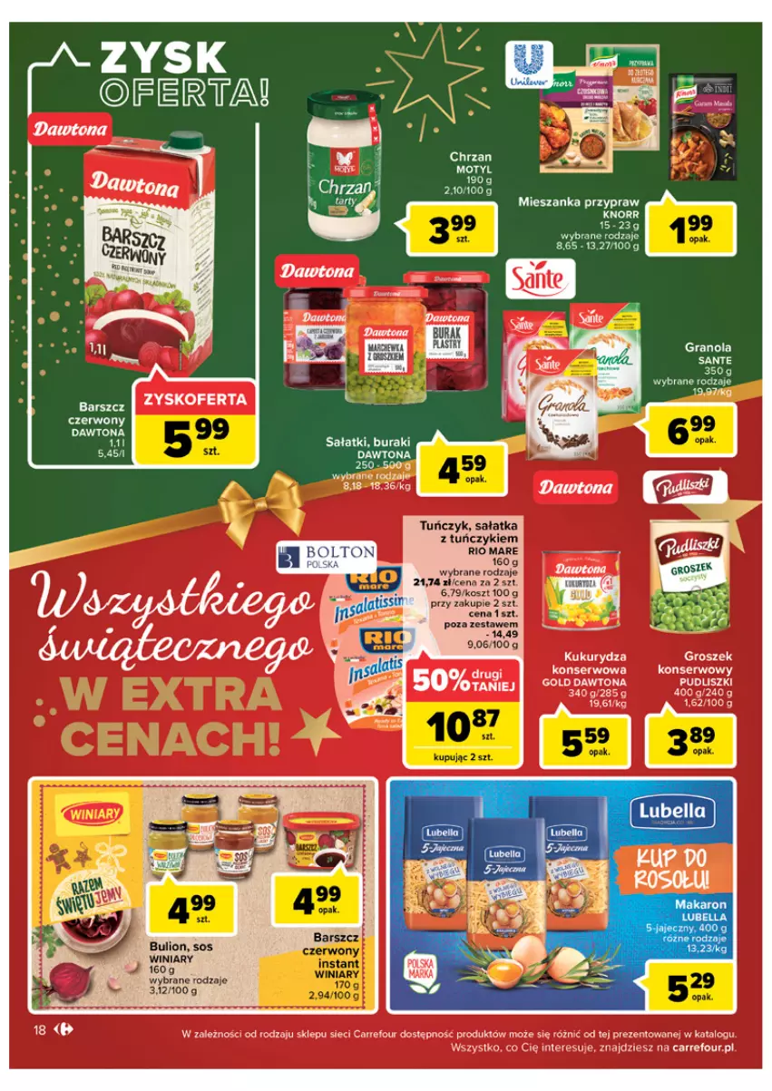 Gazetka promocyjna Carrefour - Gazetka Carrefour - ważna 06.12 do 11.12.2022 - strona 18 - produkty: Bulion, Buraki, Chrzan, Dawtona, Gra, Granola, Groszek, Knorr, Kosz, Kukurydza, LG, Lion, Pudliszki, Rio Mare, Sałat, Sałatka, Sante, Ser, Sos, Tuńczyk, Winiary