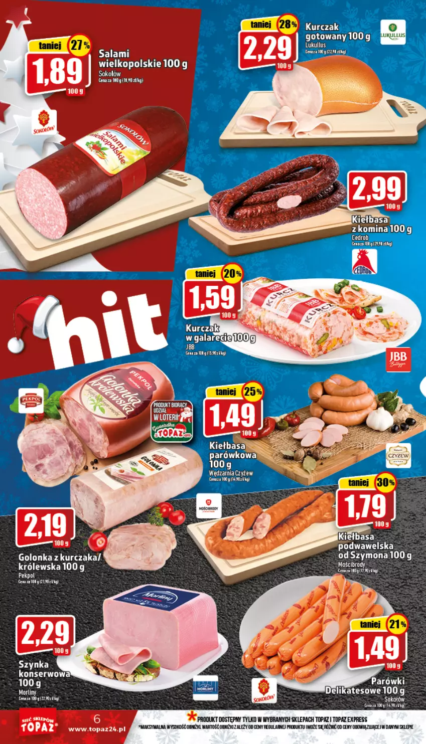 Gazetka promocyjna Topaz - Gazetka - ważna 01.12 do 07.12.2022 - strona 6 - produkty: Dell, Kiełbasa, Kurczak, Parówki, Ser, Sok, Szynka, Szynka konserwowa, Top, Wawel