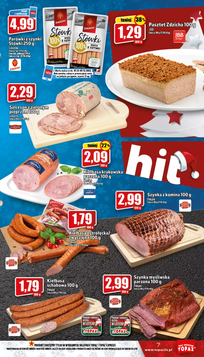 Gazetka promocyjna Topaz - Gazetka - ważna 01.12 do 07.12.2022 - strona 7 - produkty: Kiełbasa, Kiełbasa krakowska, Pasztet, Pekpol, Pieprz, Salceson, Sok, Szynka, Top