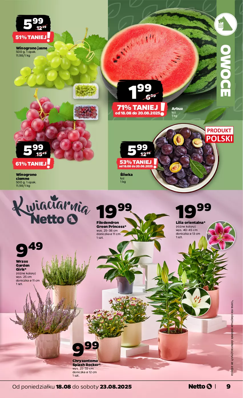 Gazetka promocyjna Netto - Od Poniedziałku - ważna 18.08 do 23.08.2025 - strona 9 - produkty: Arbuz, Chryzantema, Owoce, Wino