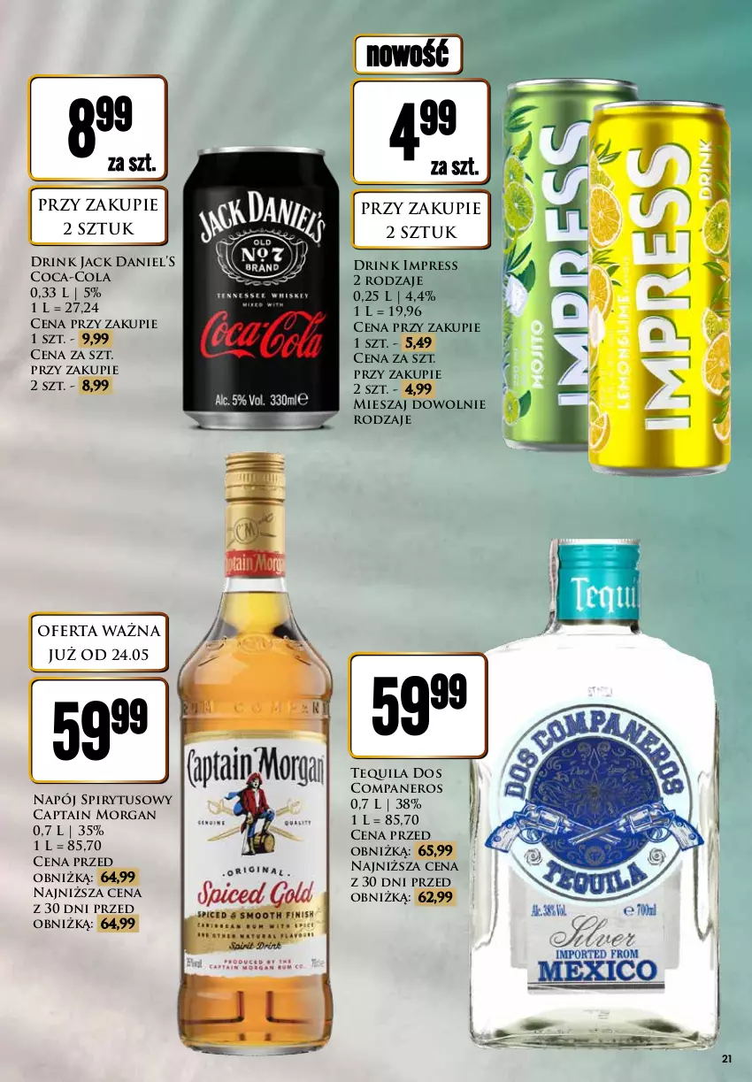 Gazetka promocyjna Dino - Katalog alkoholowy / maj 2024 - ważna 27.05 do 01.06.2024 - strona 21 - produkty: Captain Morgan, Coca-Cola, Napój, Tequila