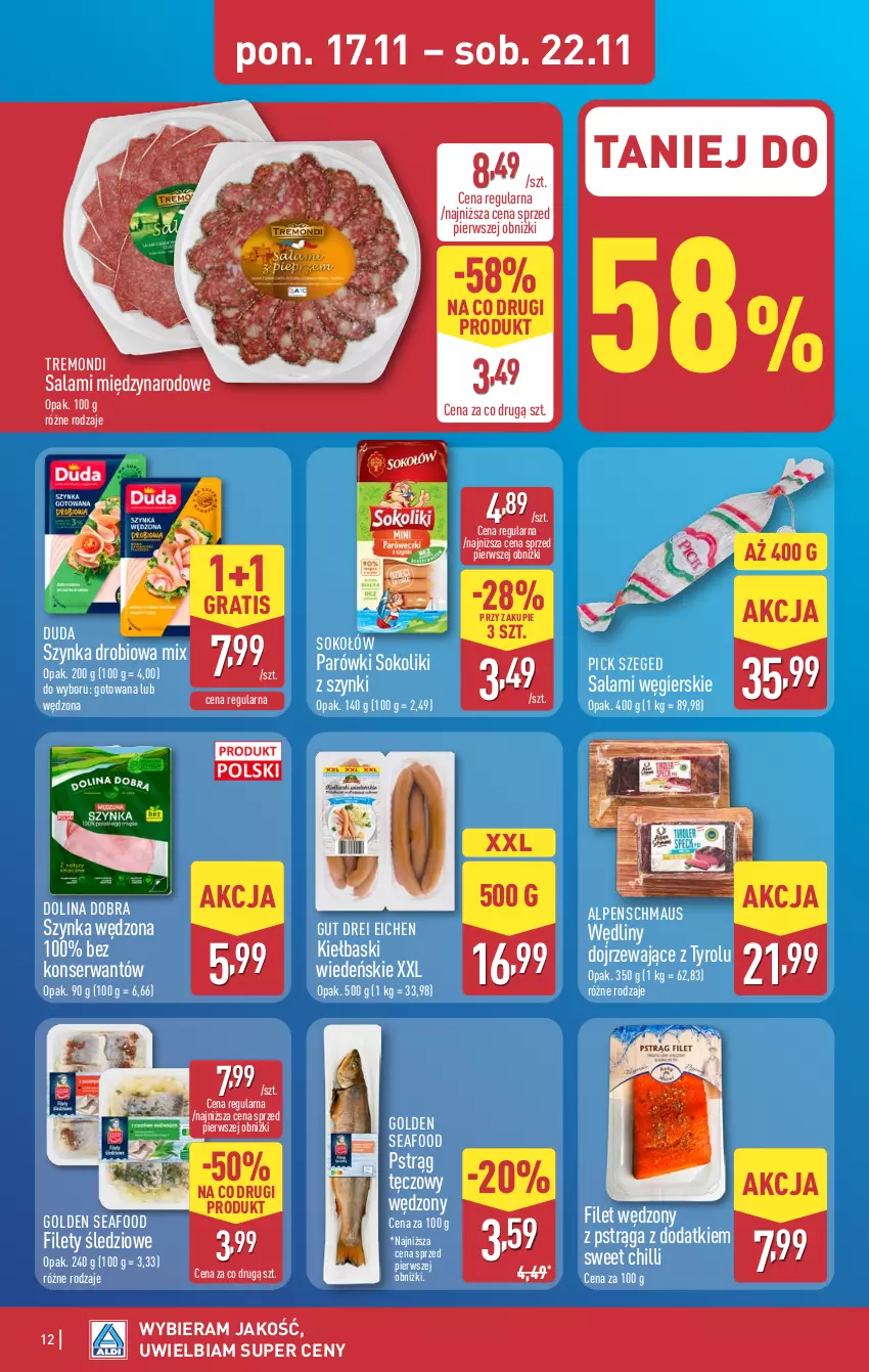 Gazetka promocyjna Aldi - Pełna oferta - ważna 17.11 do 22.11.2025 - strona 12 - produkty: Duda, Golden Seafood, Gra, Parówki, Parówki sokoliki, Pstrąg, Pstrąg tęczowy, Salami, Ser, Sok, Sokołów, Szynka