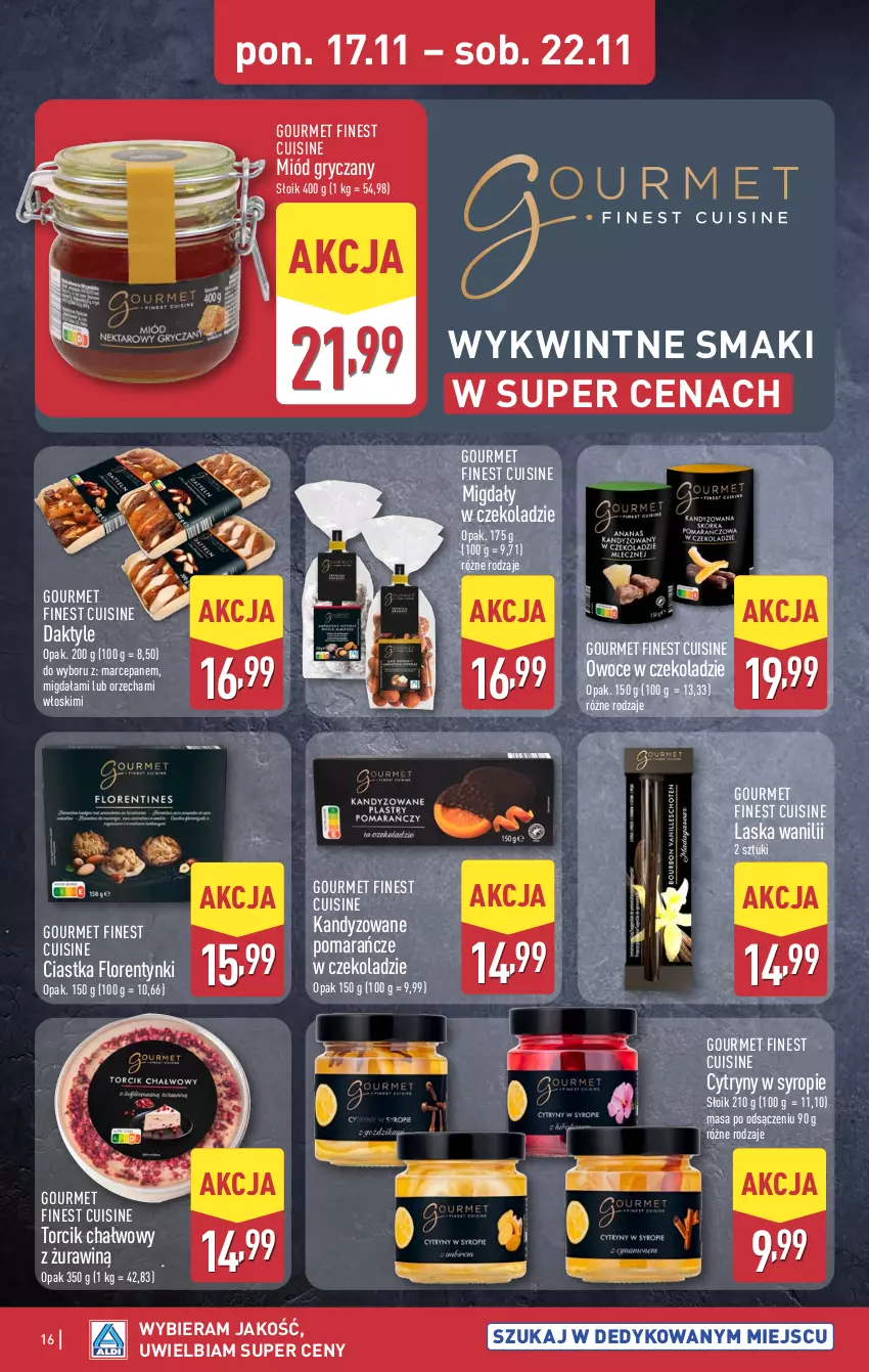 Gazetka promocyjna Aldi - Pełna oferta - ważna 17.11 do 22.11.2025 - strona 16 - produkty: Ciastka, Cytryny, Daktyle, Florentynki, Gry, Migdały, Migdały w czekoladzie, Miód, Owoce, Pomarańcze, Syrop