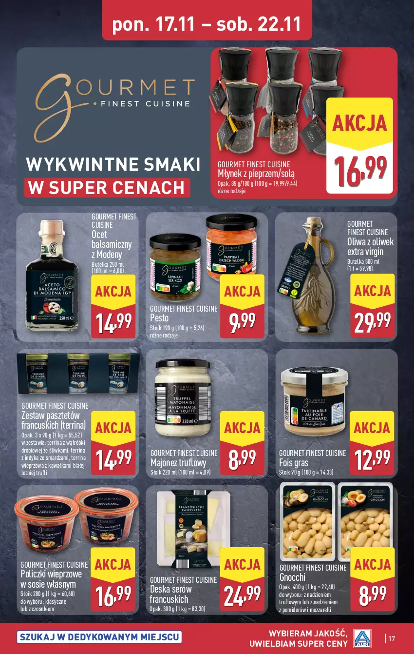 Gazetka promocyjna Aldi - Pełna oferta - ważna 17.11 do 22.11.2025 - strona 17 - produkty: Deska serów, Gin, Gnocchi, Gra, Kawa, Majonez, Młynek, Ocet, Ocet balsamiczny, Oliwa, Oliwa z oliwek, Pasztet, Pesto, Pieprz, Ser, Sos