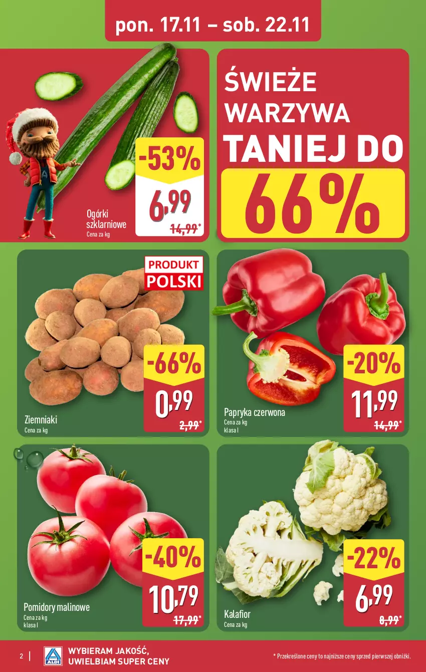 Gazetka promocyjna Aldi - Pełna oferta - ważna 17.11 do 22.11.2025 - strona 2 - produkty: Kalafior, Papryka, Papryka czerwona, Pomidory, Warzywa, Ziemniaki