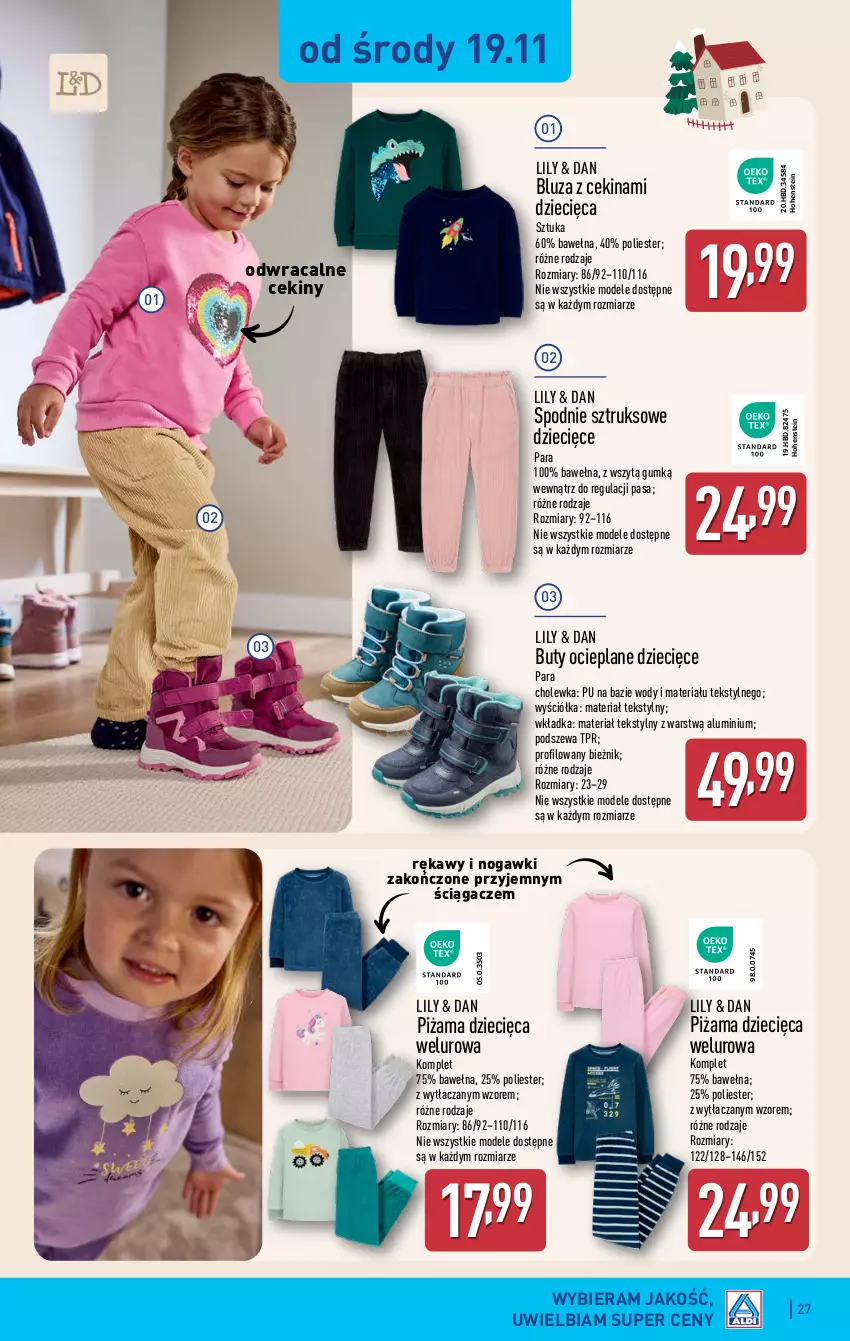 Gazetka promocyjna Aldi - Pełna oferta - ważna 17.11 do 22.11.2025 - strona 27 - produkty: Bieżnik, Bluza, Buty, Dzieci, Piżama, Spodnie, Spodnie sztruksowe, Wełna