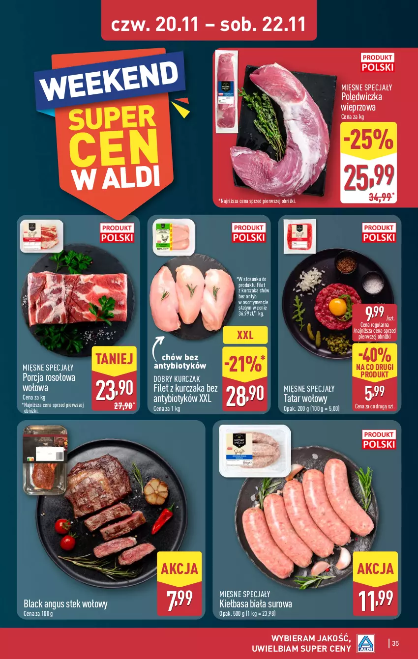 Gazetka promocyjna Aldi - Pełna oferta - ważna 17.11 do 22.11.2025 - strona 35 - produkty: Kiełbasa, Kiełbasa biała, Kurczak, Lack, Mięsne specjały, Polędwiczka wieprzowa, Por, Stek, Stek wołowy, Tatar wołowy