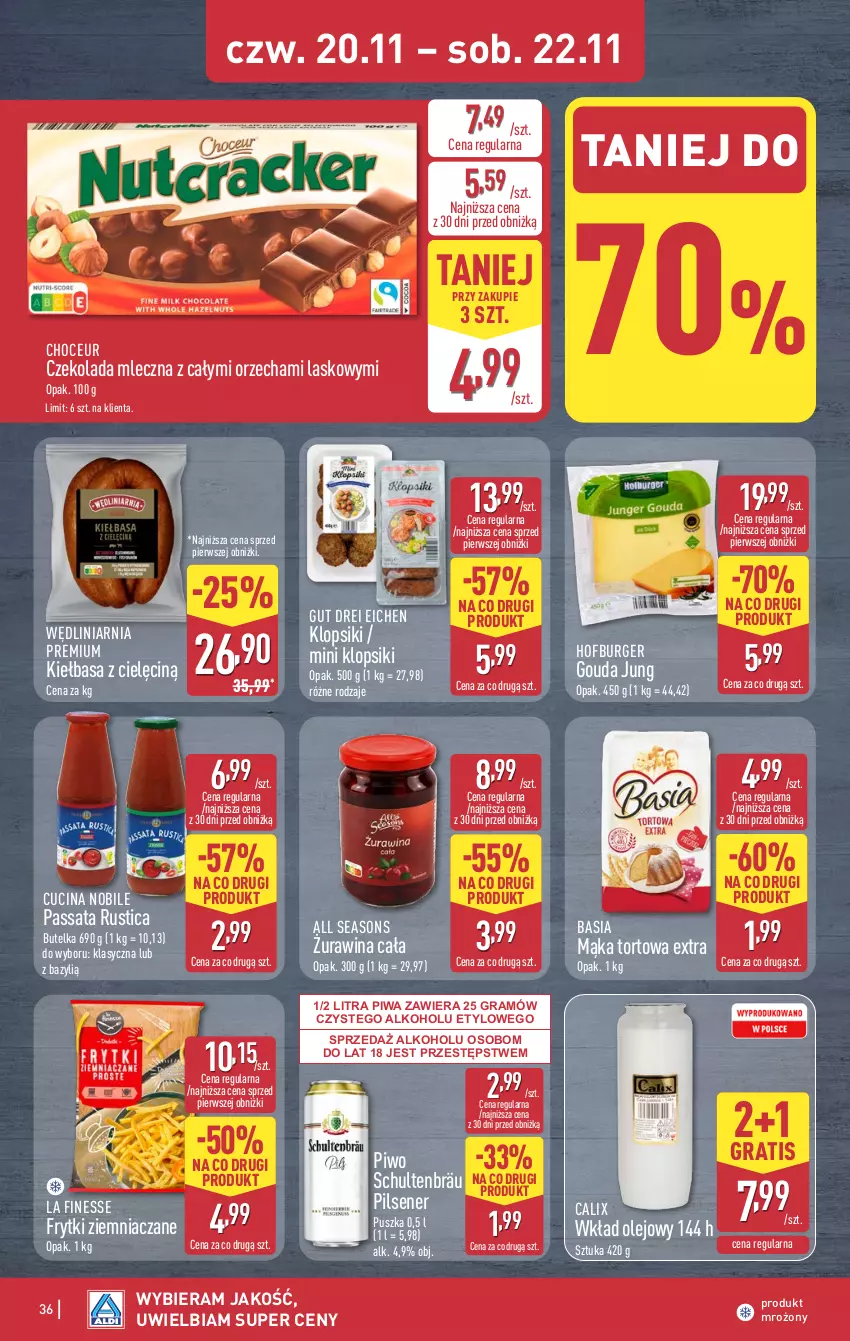 Gazetka promocyjna Aldi - Pełna oferta - ważna 17.11 do 22.11.2025 - strona 36 - produkty: All Seasons, Basia, Bazyl, Burger, Czekolada, Czekolada mleczna, Frytki, Gouda, Gra, Hofburger, Kiełbasa, Klopsiki, Mąka, Mąka tortowa, Olej, Piwa, Piwo, Rust, Wkład olejowy