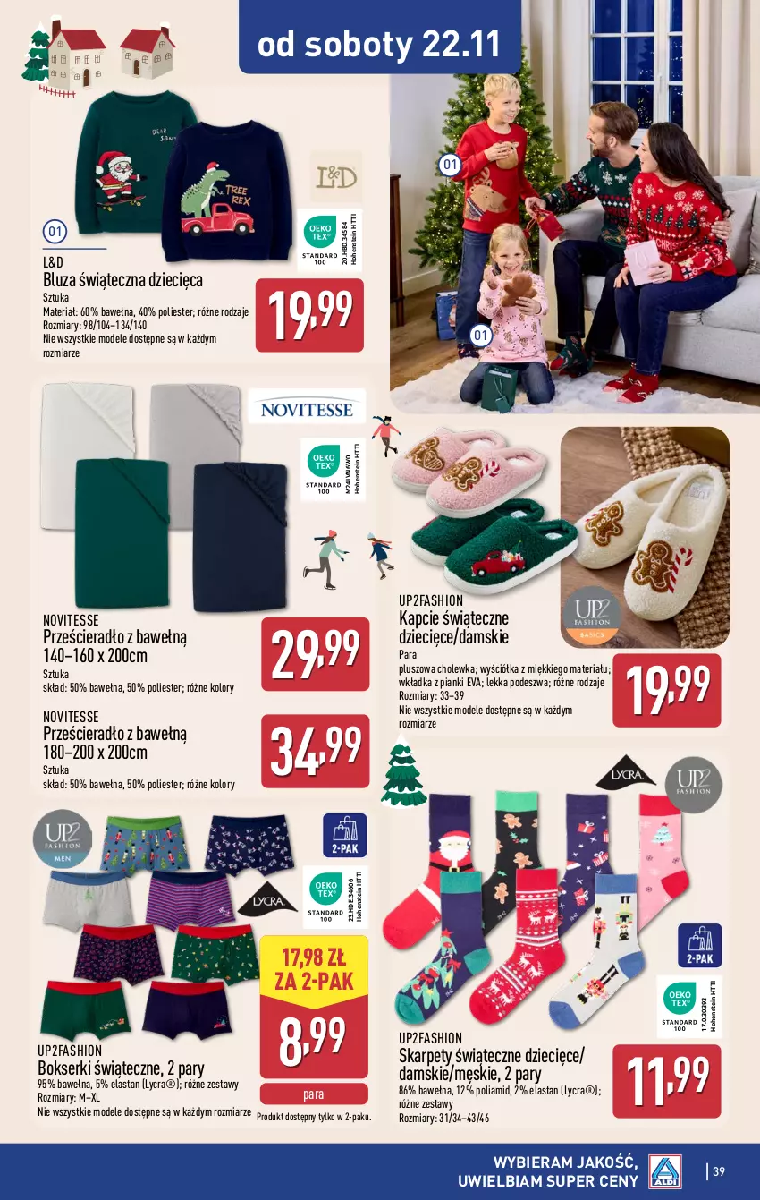 Gazetka promocyjna Aldi - Pełna oferta - ważna 17.11 do 22.11.2025 - strona 39 - produkty: Bluza, Bokserki, Dzieci, Fa, Kapcie, Karp, Prześcieradło, Ser, Wełna