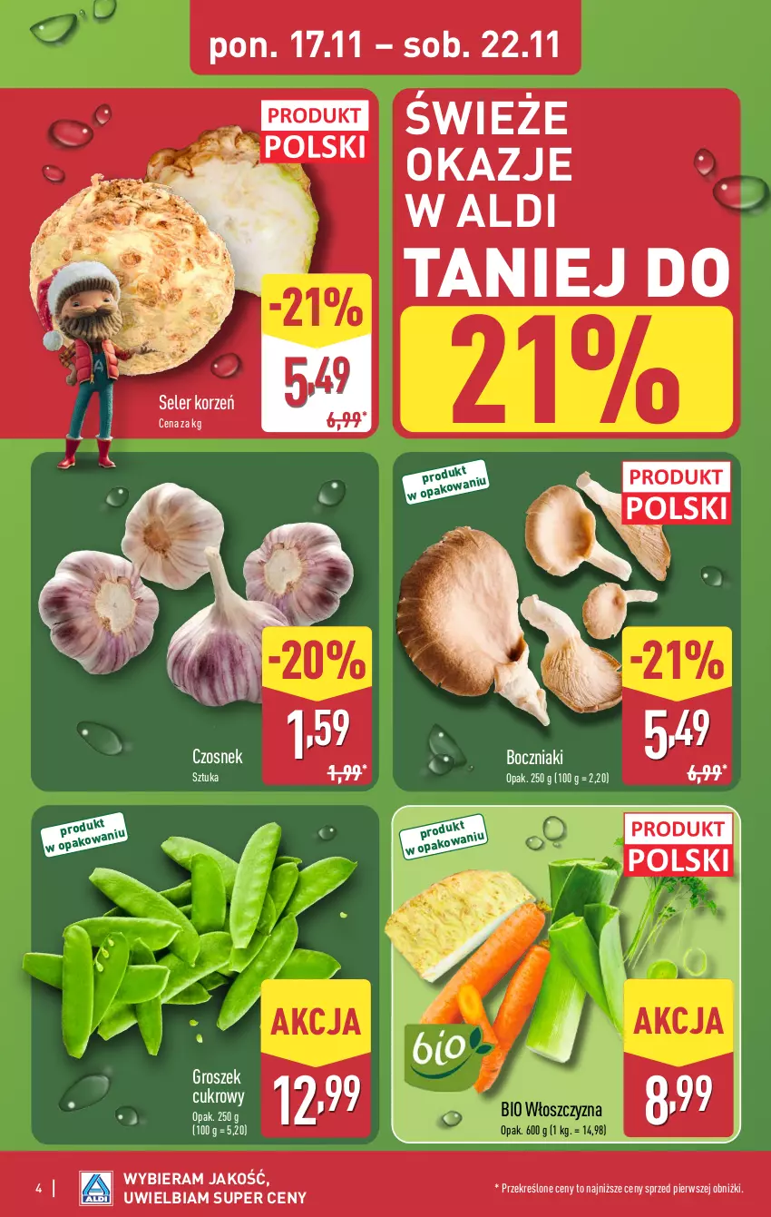 Gazetka promocyjna Aldi - Pełna oferta - ważna 17.11 do 22.11.2025 - strona 4 - produkty: Boczniak, Czosnek, Groszek, Seler korzeń