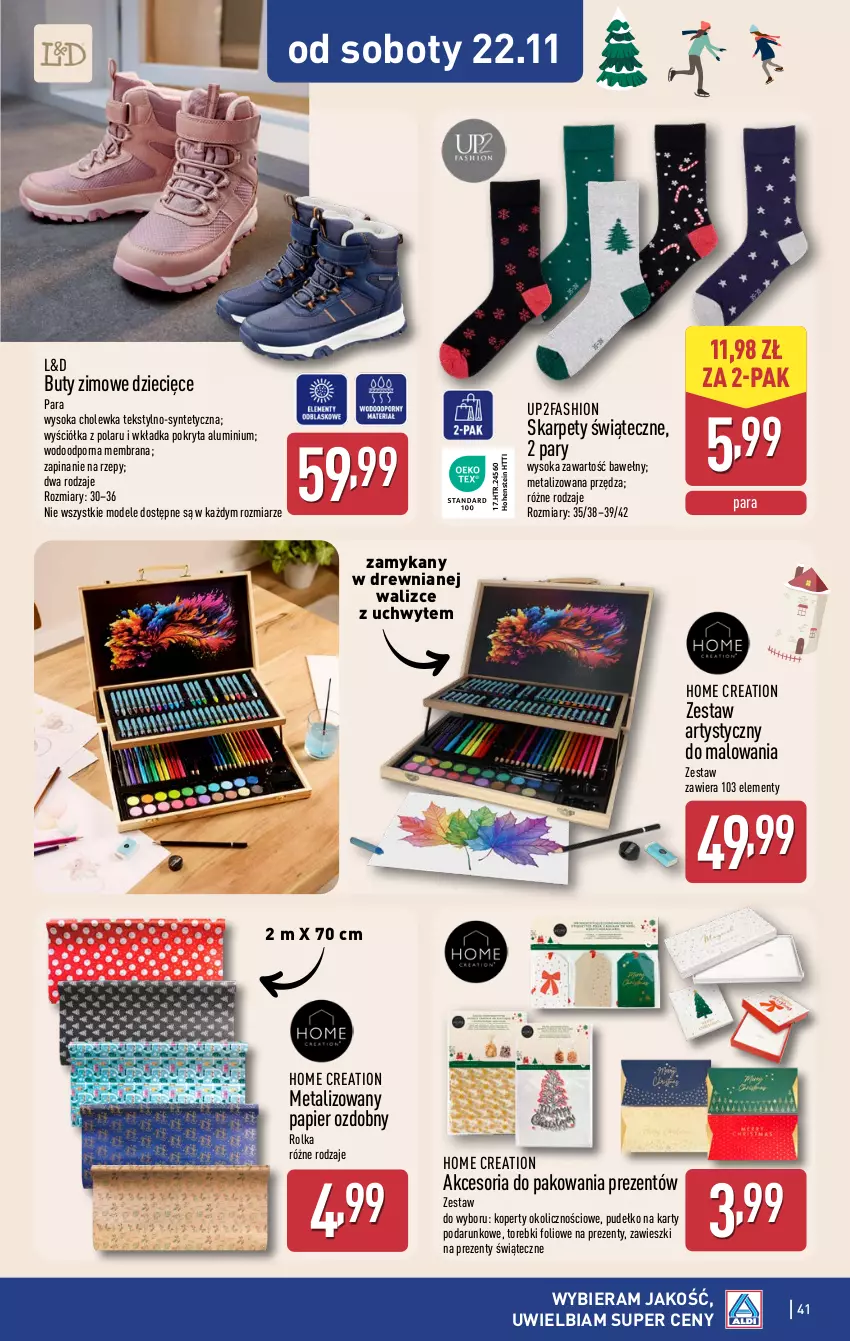 Gazetka promocyjna Aldi - Pełna oferta - ważna 17.11 do 22.11.2025 - strona 41 - produkty: Akcesoria do pakowania, Buty, Buty zimowe, Dzieci, Fa, Karp, Papier, Papier ozdobny, Por, Pudełko, Sok, Zawieszki