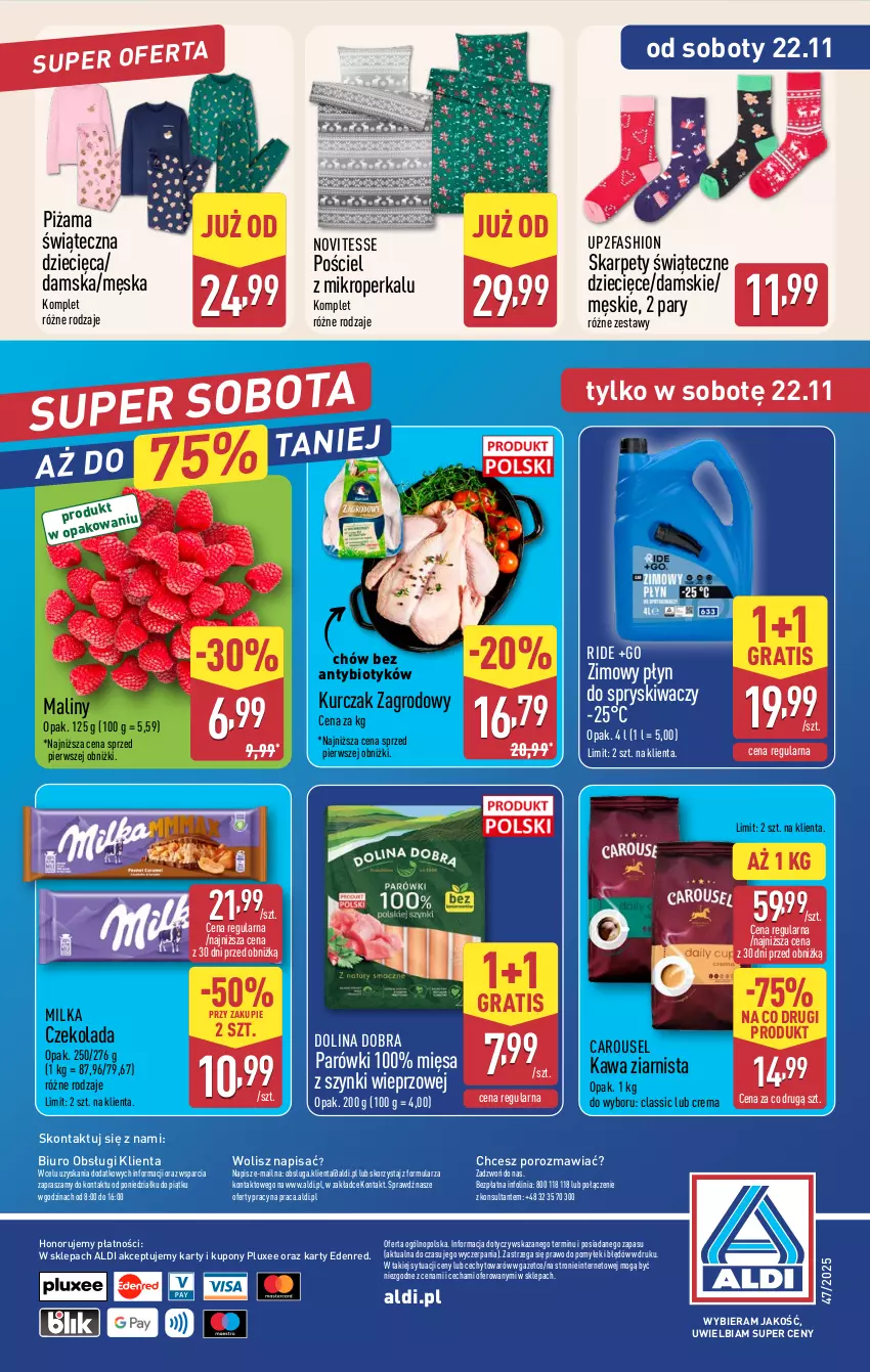 Gazetka promocyjna Aldi - Pełna oferta - ważna 17.11 do 22.11.2025 - strona 44 - produkty: Biuro, Czekolada, Dzieci, Fa, Gra, Karp, Kawa, Kawa ziarnista, Kurczak, Maliny, Milka, O nas, Parówki, Piżama, Płyn do spryskiwaczy, Por, Pościel