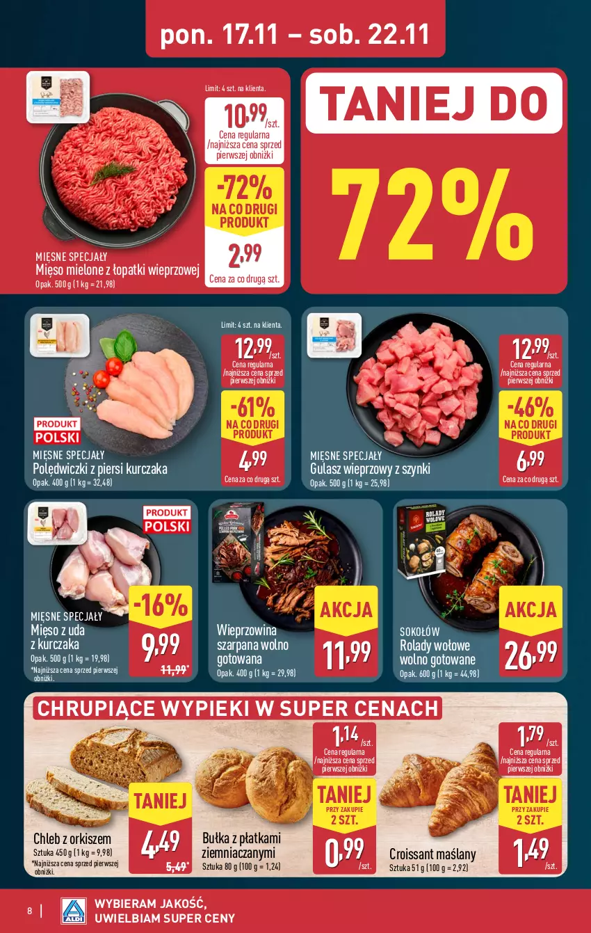 Gazetka promocyjna Aldi - Pełna oferta - ważna 17.11 do 22.11.2025 - strona 8 - produkty: Bułka, Chleb, Croissant, Kurczak, Mięsne specjały, Mięso, Mięso mielone, Mięso mielone z łopatki wieprzowej, Sok, Sokołów, Wieprzowina