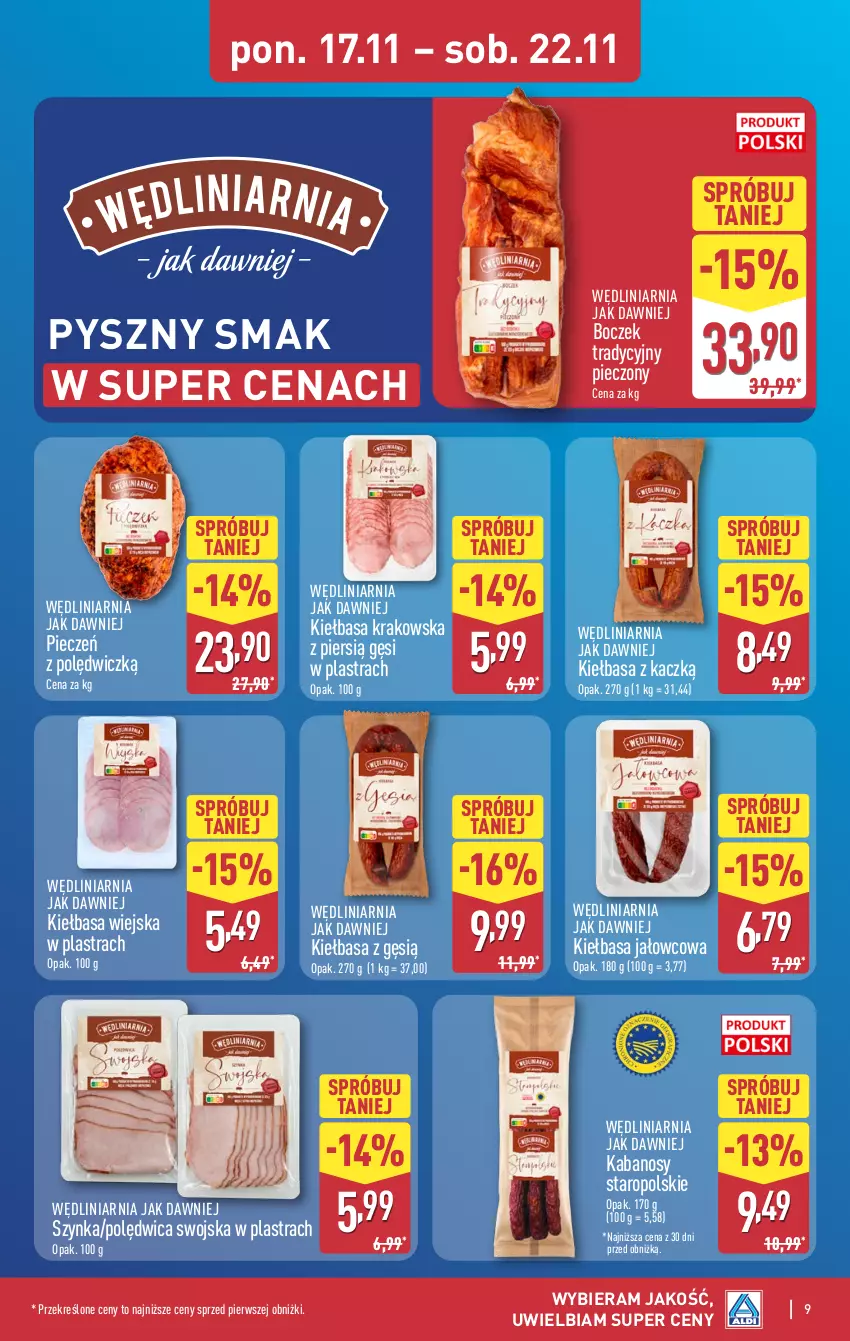 Gazetka promocyjna Aldi - Pełna oferta - ważna 17.11 do 22.11.2025 - strona 9 - produkty: Boczek, Kabanos, Kiełbasa, Kiełbasa krakowska, Kiełbasa wiejska, Piec, Polędwica, Szynka