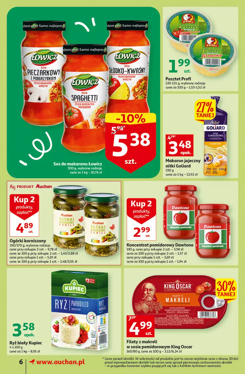 Gazetka promocyjna Auchan - Gazetka Rewelacyjne Wielopaki Supermarket Auchan - ważna 23.02 do 01.03.2023 - strona 6 - produkty: Dawtona, Goliard, Koncentrat pomidorowy, Korniszony, Kupiec, Makaron, O nas, Pasztet, Piec, Podgrzybki, Ryż, Ryż biały, Sos, Sos do makaronu