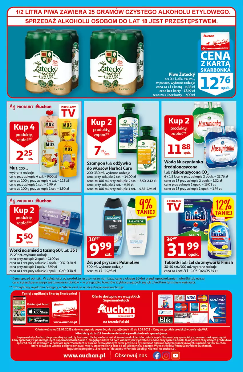 Gazetka promocyjna Auchan - Gazetka Rewelacyjne Wielopaki Supermarket Auchan - ważna 23.02 do 01.03.2023 - strona 8 - produkty: Finish, Gra, Mus, Muszynianka, O nas, Odżywka, Palmolive, Piwa, Ser, Szampon, Tablet, Tera, Woda, Worki na śmiec, Worki na śmieci, Zmywarki