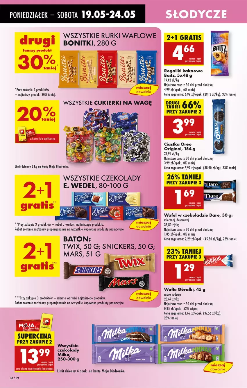 Gazetka promocyjna Biedronka - Od Poniedziałku - ważna 19.05 do 24.05.2025 - strona 42 - produkty: Baton, Bonitki, Ciastka, Deser, E. Wedel, Fa, Gin, Góralki, Gra, Kakao, Milka, Oreo, Por, Rogal, Rurki, Ser, Snickers, Wafle