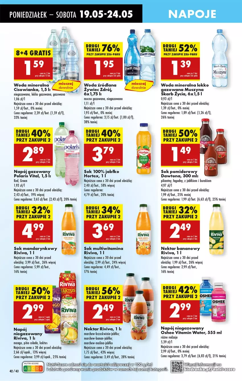 Gazetka promocyjna Biedronka - Od Poniedziałku - ważna 19.05 do 24.05.2025 - strona 46 - produkty: Buraki, Cisowianka, Dawtona, Gra, Hortex, Kaktus, LANA, Leon, Mango, Mus, Napój, Napój niegazowany, Napoje, Nektar, Nektar bananowy, Oshee, Rama, Sok, Sok pomidorowy, Szyna, Woda, Woda mineralna