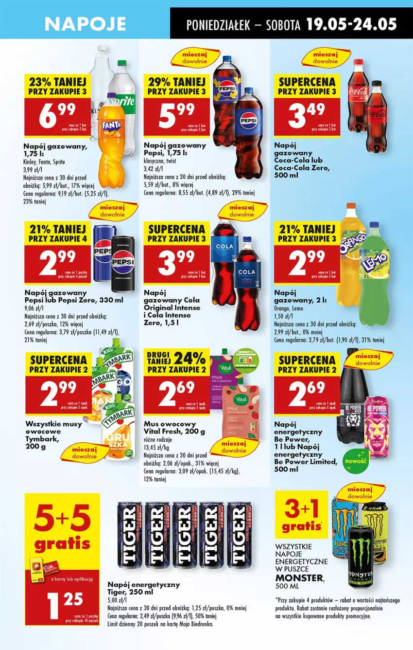 Gazetka promocyjna Biedronka - Od Poniedziałku - ważna 19.05 do 24.05.2025 - strona 47 - produkty: Coca-Cola, Fa, Fanta, Gin, Mus, Napój, Napój gazowany, Napoje, Pepsi, Por, Sprite, Tiger, Tymbark