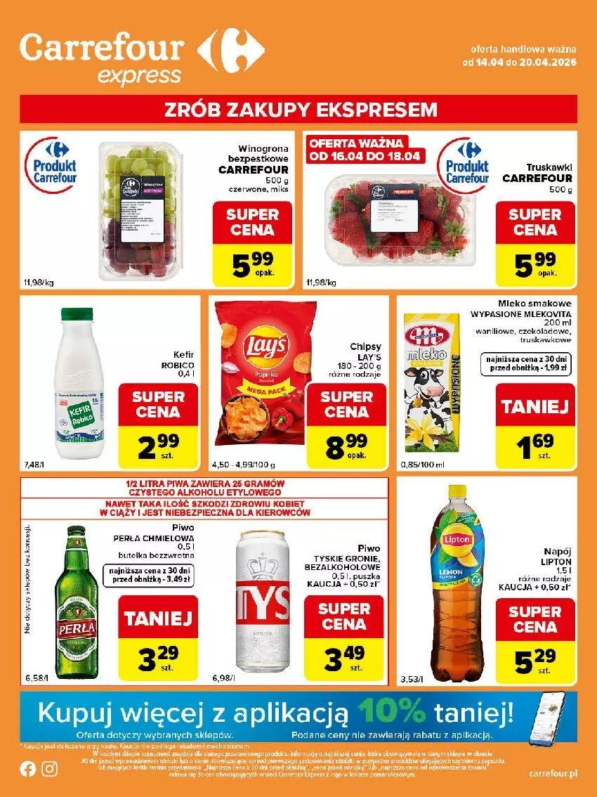 Gazetka promocyjna Carrefour - Gazetka Express - ważna 14.04 do 20.04.2026 - strona 1 - produkty: BIC, Fa, Kefir, Mleko, Perła, Piec, Piwa, Piwo, Robico, Truskawki, Wino, Winogrona