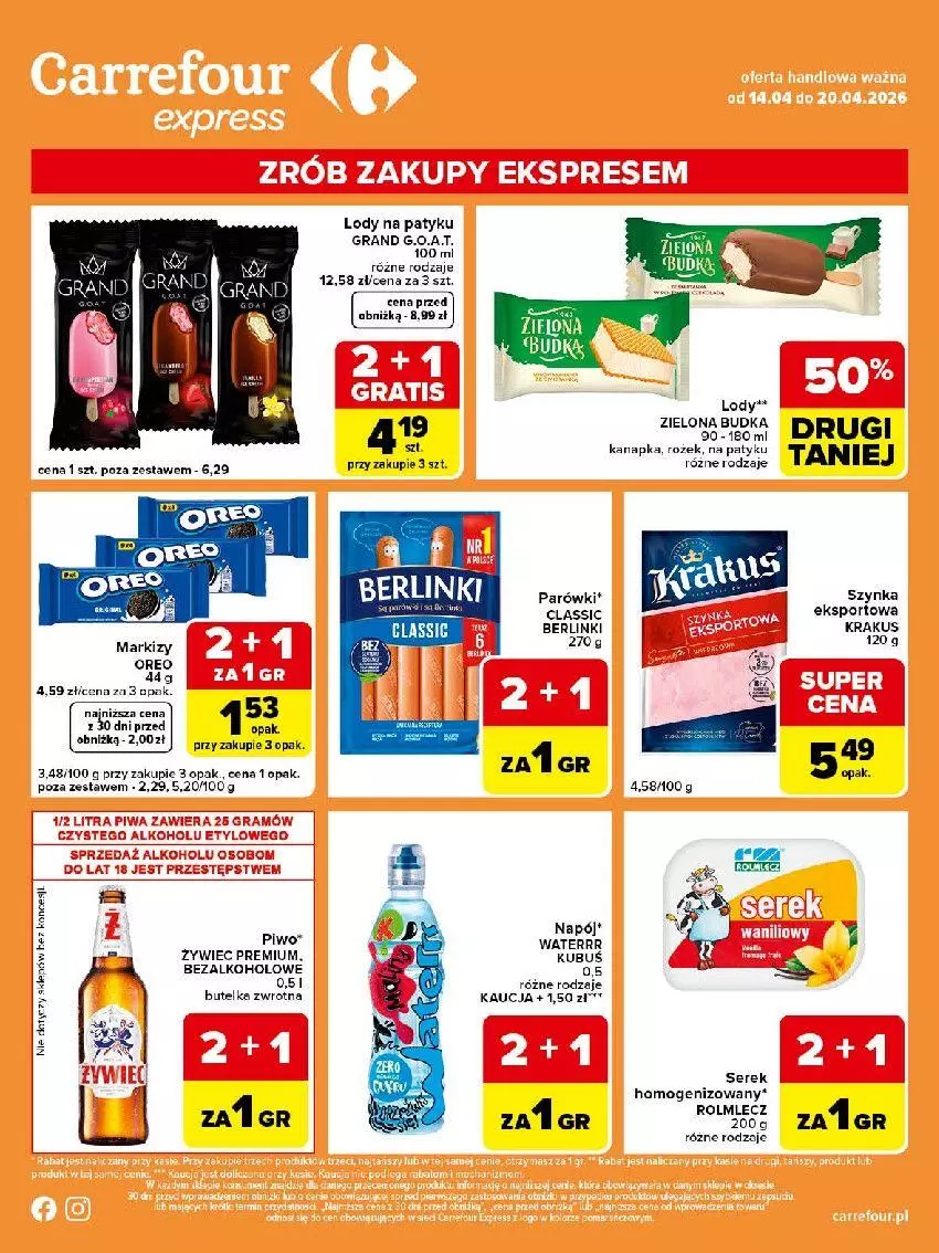 Gazetka promocyjna Carrefour - Gazetka Express - ważna 14.04 do 20.04.2026 - strona 2 - produkty: Berlinki, Gra, Kubuś, Lody, Parówki, Piwo, Rolmlecz, Ser, Szynka