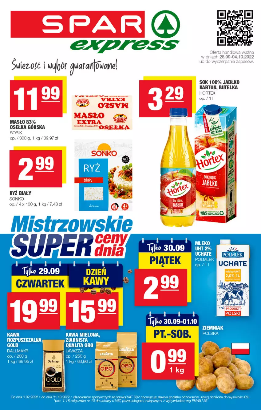 Gazetka promocyjna Spar - SparExpress - ważna 25.09 do 05.10.2022 - strona 1 - produkty: Dallmayr, Hortex, Kawa, Kawa mielona, Lavazza, Masło, Mleko, POLMLEK, Ryż, Ryż biały, Sok, Sonko