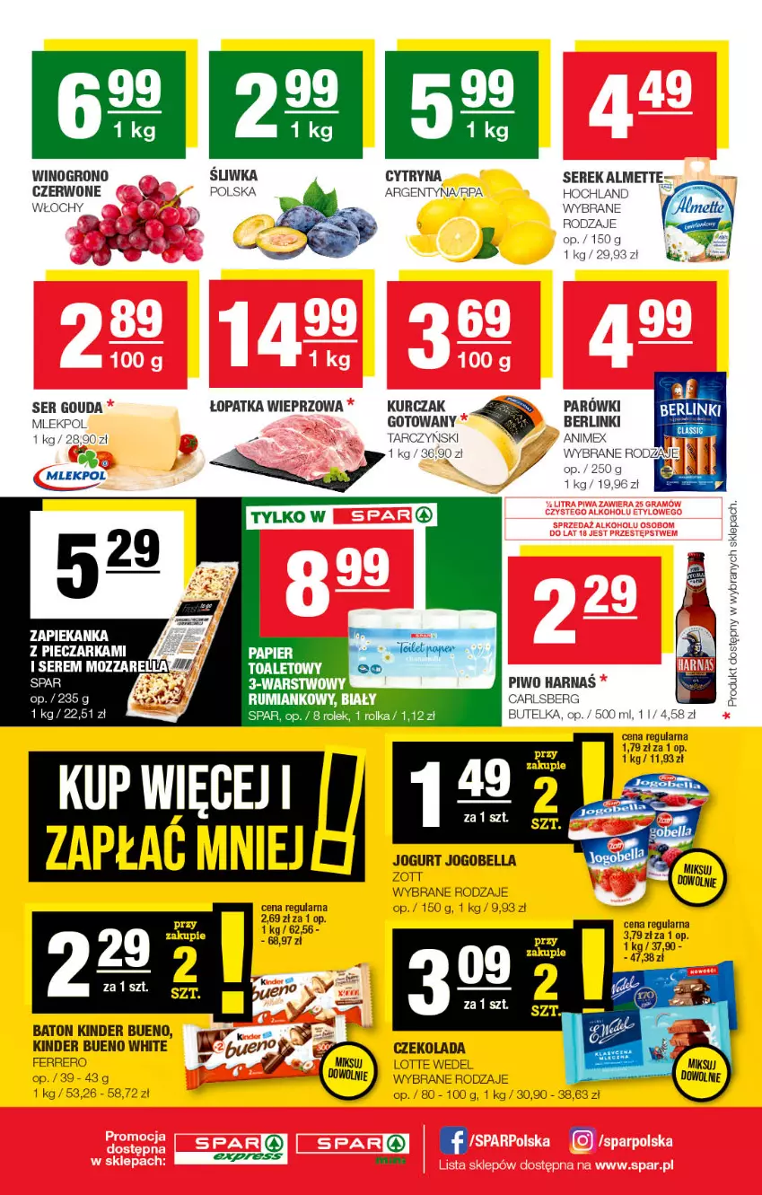 Gazetka promocyjna Spar - SparExpress - ważna 25.09 do 05.10.2022 - strona 2 - produkty: Almette, Baton, Bell, Bella, Berlinki, Carlsberg, Czekolada, Ferrero, Gouda, Hochland, Jogobella, Jogurt, Kinder, Kinder Bueno, Kurczak, Parówki, Piec, Piwo, Ser, Serek, Tarczyński, Wino, Zott