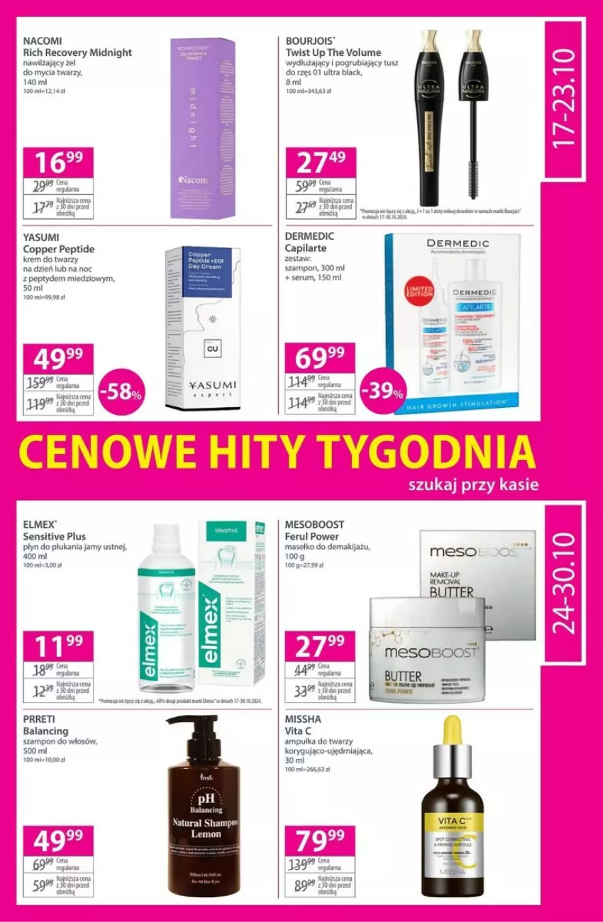 Gazetka promocyjna Hebe - ważna 17.10 do 30.10.2024 - strona 18 - produkty: Bourjois, Capilarte, Dermedic, Elmex, Krem do twarzy, Lack, Makijaż, MISSHA, Nacomi, Szampon, Tusz