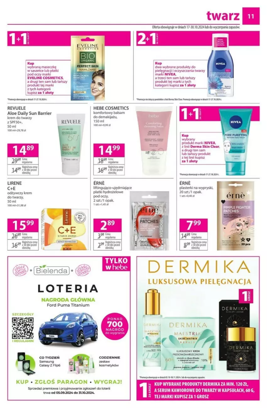 Gazetka promocyjna Hebe - ważna 17.10 do 30.10.2024 - strona 3 - produkty: Dermika, Eveline, Gra, Hebe Cosmetics, Kawior, Lirene, Makijaż, Plasterki, Puma, Revuele, Rum, Ser, Serum