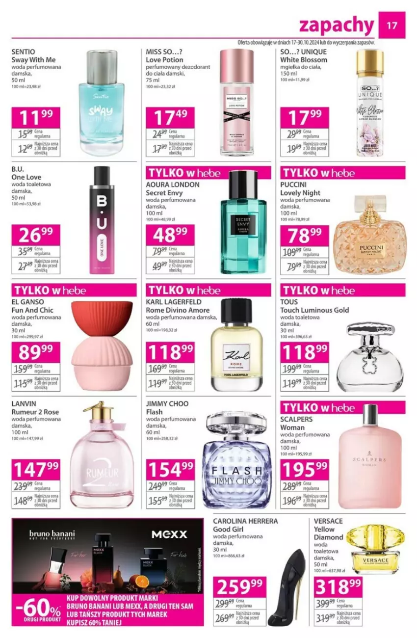 Gazetka promocyjna Hebe - ważna 17.10 do 30.10.2024 - strona 9 - produkty: Bruno Banani, Carolina Herrera, Dezodorant, Jimmy Choo, Karl Lagerfeld, Lanvin, Lovely, Mexx, Perfum, Rum, Tera, Versace, Woda, Woda perfumowana