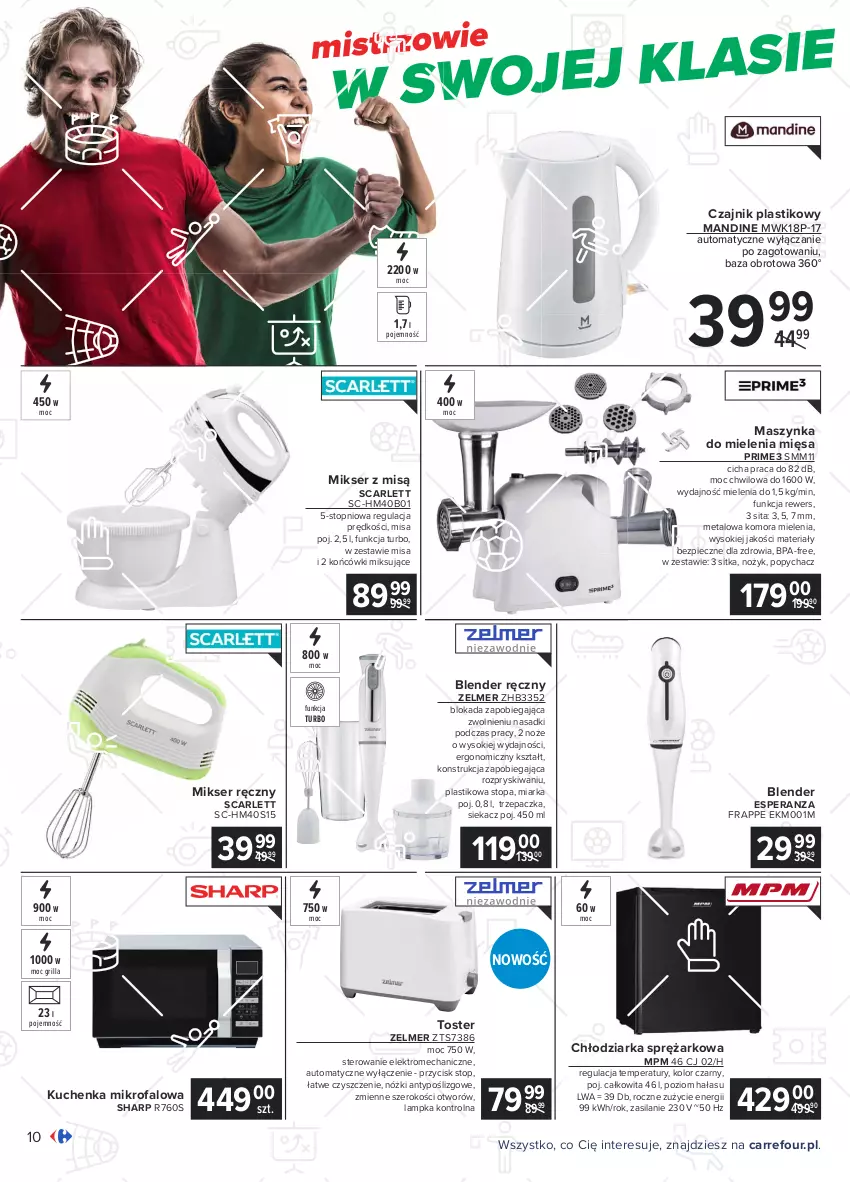 Gazetka promocyjna Carrefour - Gazetka Multimedia kibica - ważna 24.05 do 12.06.2021 - strona 10 - produkty: Blender, Blender ręczny, Chłodziarka, Czajnik, Fa, Grill, Kuchenka mikrofalowa, Maszynka, Maszynka do mielenia, Miarka, Mikser, Mikser ręczny, Mikser z misą, Noż, Piec, Ser, Sharp, Silan, Sok, Szynka, Top, Toster, Trzepaczka, Zelmer