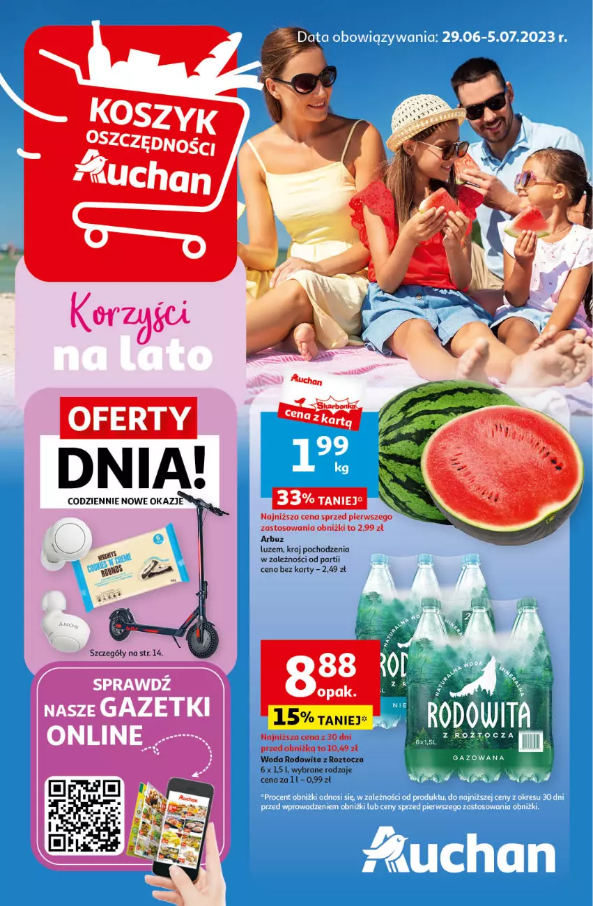 Gazetka promocyjna Auchan - Gazetka Korzyści na lato Hipermarket Auchan - ważna 29.06 do 05.07.2023 - strona 1 - produkty: Arbuz, Woda