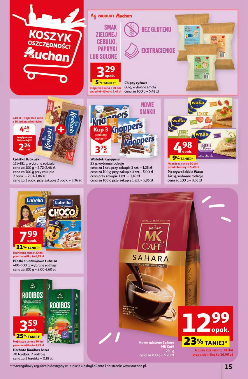 Gazetka promocyjna Auchan - Gazetka Korzyści na lato Hipermarket Auchan - ważna 29.06 do 05.07.2023 - strona 15 - produkty: Bell, Bella, Chipsy, Ciastka, Danio, Herbata, Knoppers, Krakus, Krakuski, Lubella, Piec, Pieczywo, Ryż, Wafelek, Wasa