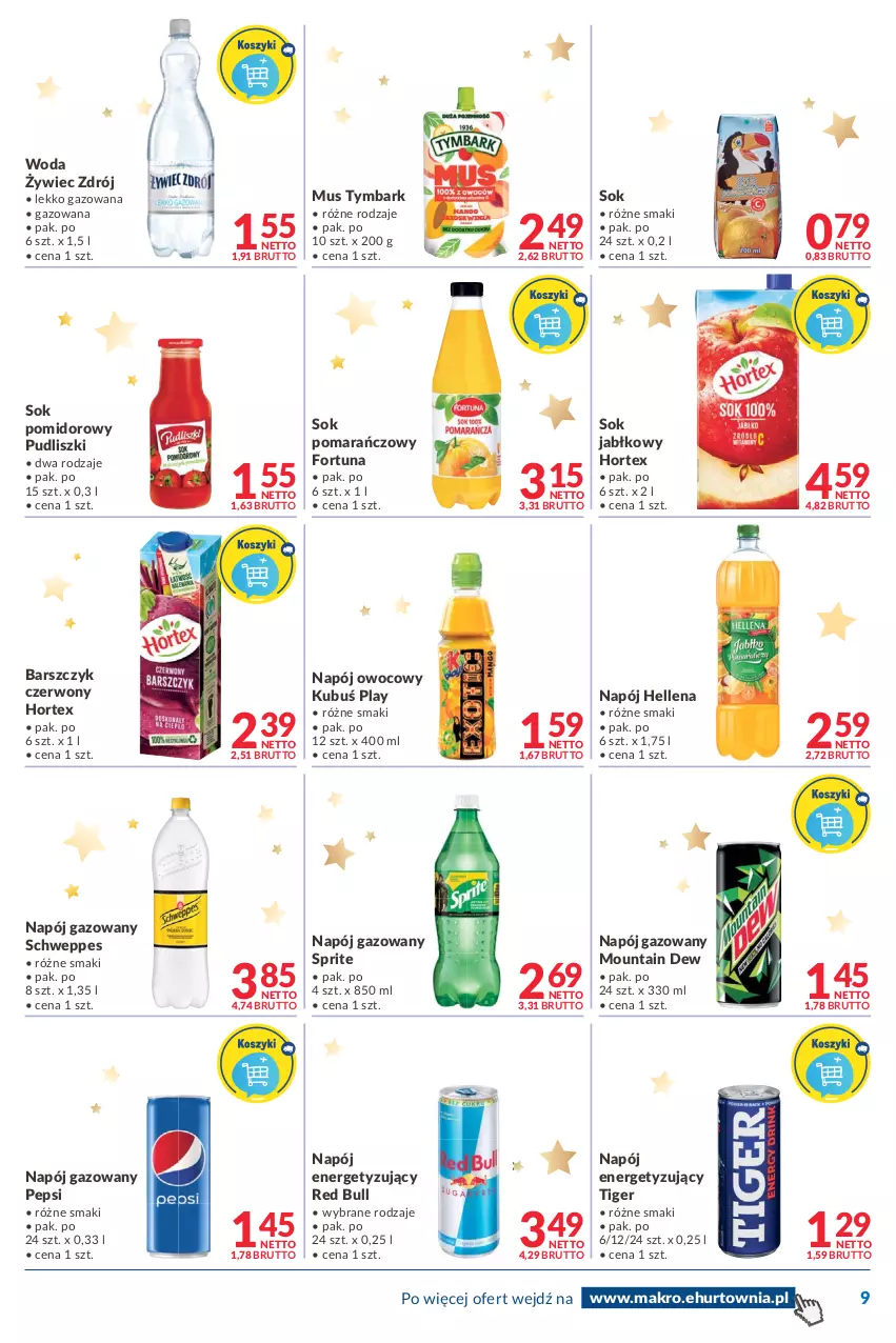 Gazetka promocyjna Makro - [Oferta promocyjna] Dostawa - ważna 30.11 do 13.12.2021 - strona 9 - produkty: Fortuna, Hellena, Hortex, Kubuś, Mus, Napój, Napój gazowany, Pepsi, Pudliszki, Red Bull, Schweppes, Sok, Sok jabłkowy, Sok pomarańczowy, Sok pomidorowy, Sprite, Tiger, Tymbark, Woda