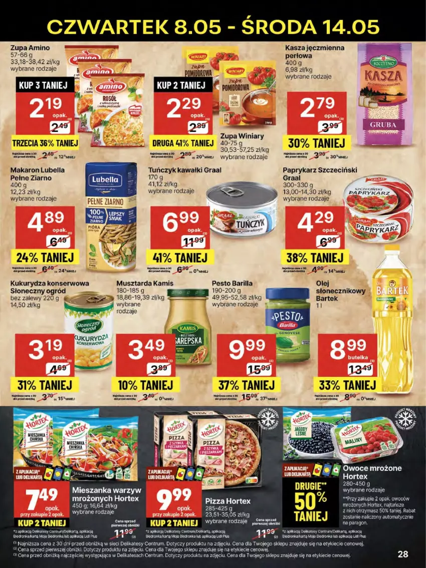 Gazetka promocyjna Delikatesy Centrum - Franczyza DC19 Czwartek - ważna 08.05 do 14.05.2025 - strona 28 - produkty: Barilla, Bartek, Bell, Bella, Gra, Graal, Hortex, Kamis, Kasza, Kasza jęczmienna, Kawa, Kukurydza, Kukurydza konserwowa, LG, Lubella, Makaron, Mieszanka warzyw, Mus, Musztarda, Ogród, Olej, Papryka, Paprykarz, Paprykarz szczeciński, Pesto, Pizza, Rosół, Rum, Ser, Tuńczyk, Winiary, Zupa