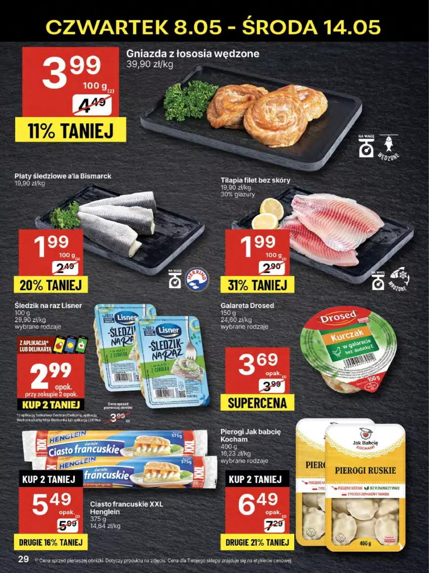 Gazetka promocyjna Delikatesy Centrum - Franczyza DC19 Czwartek - ważna 08.05 do 14.05.2025 - strona 29 - produkty: Ciasto francuskie, Gala, Lazur, Lisner, Pierogi, Płaty śledziowe, Por, Sos, Tilapia