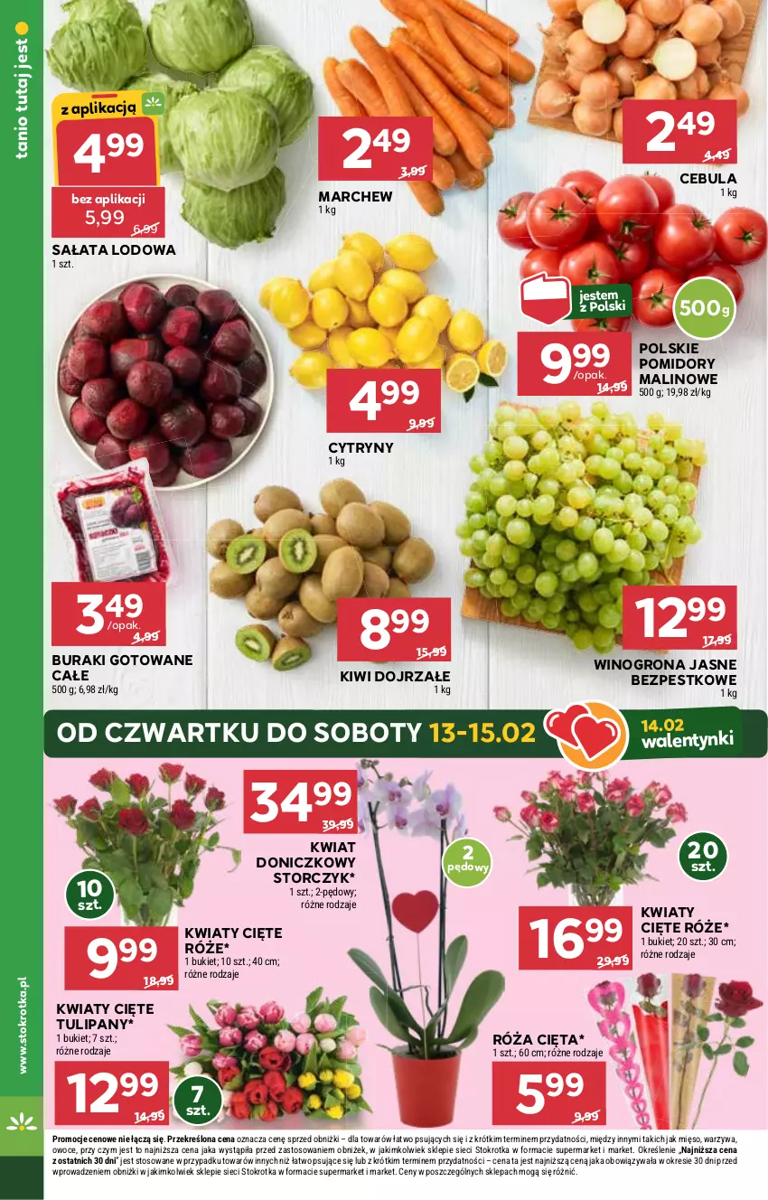 Gazetka promocyjna Stokrotka - Market Opole/Radom - ważna 13.02 do 19.02.2025 - strona 8 - produkty: Bukiet, Buraki, Cebula, Cytryny, Kiwi, Kwiaty cięte, Mięso, Owoce, Pomidory, Róża, Sałat, Sałata lodowa, Storczyk, Tulipan, Warzywa, Wino, Winogrona