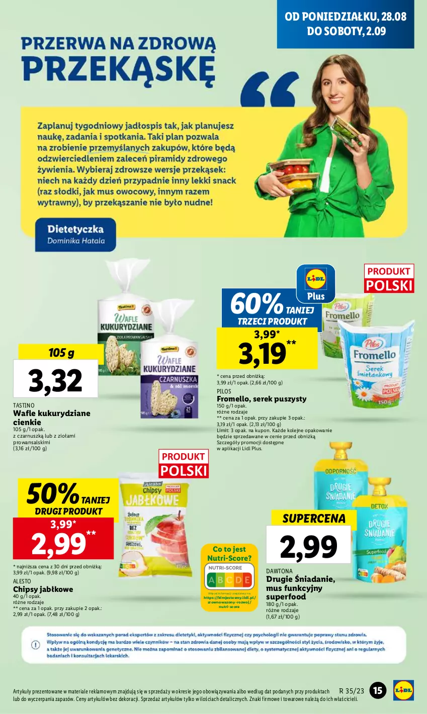 Gazetka promocyjna Lidl - GAZETKA - ważna 28.08 do 02.09.2023 - strona 29 - produkty: Chipsy, Dawtona, Mus, Olej, Pilos, Ser, Serek, Serek puszysty, Wafle, Wazon