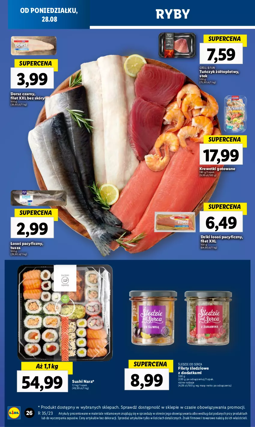 Gazetka promocyjna Lidl - GAZETKA - ważna 28.08 do 02.09.2023 - strona 40 - produkty: Dorsz, Grill, Krewetki, Ser, Stek, Sushi, Top, Tuńczyk, Tusz