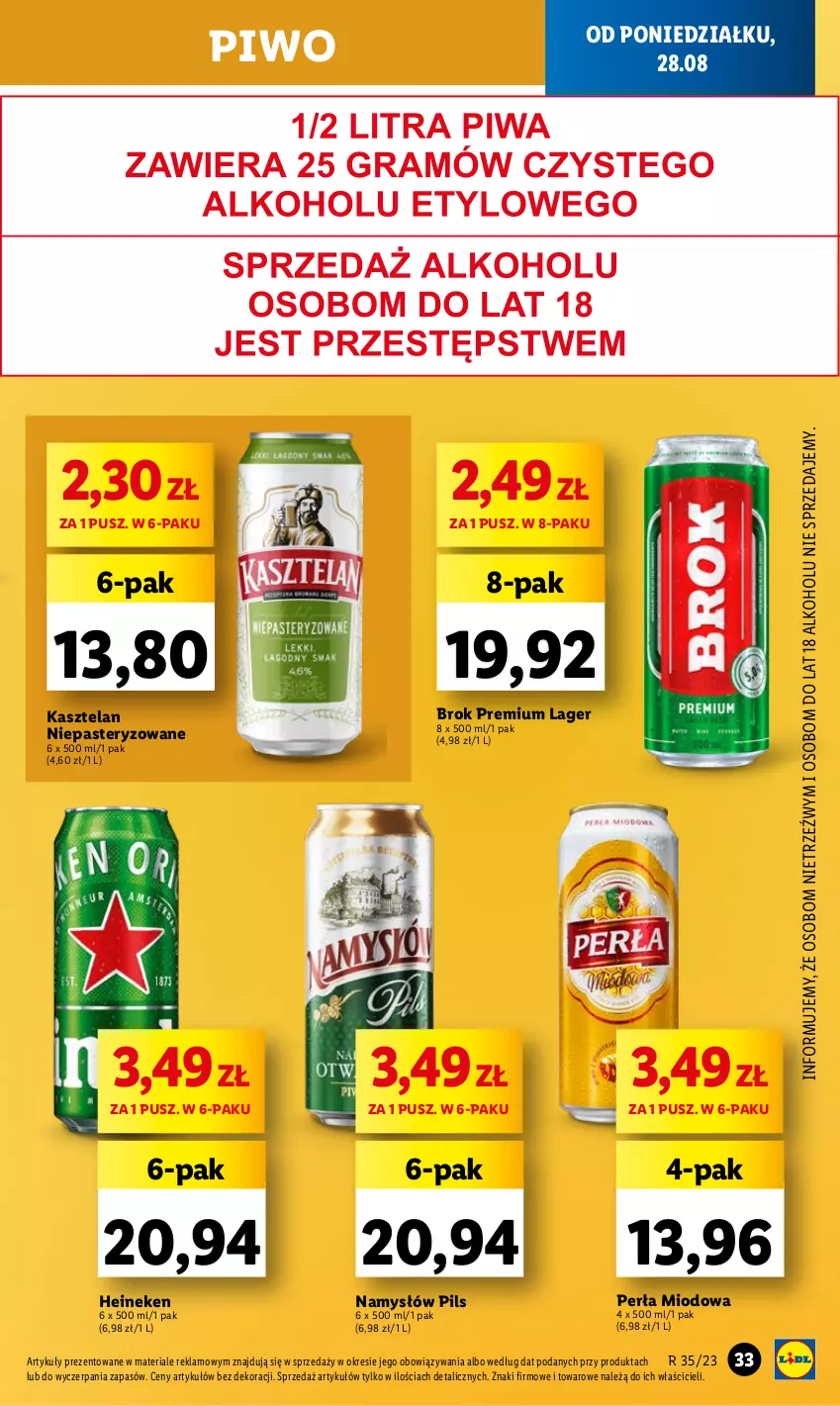 Gazetka promocyjna Lidl - GAZETKA - ważna 28.08 do 02.09.2023 - strona 47 - produkty: Heineken, Kasztelan, Namysłów, Perła, Piwo