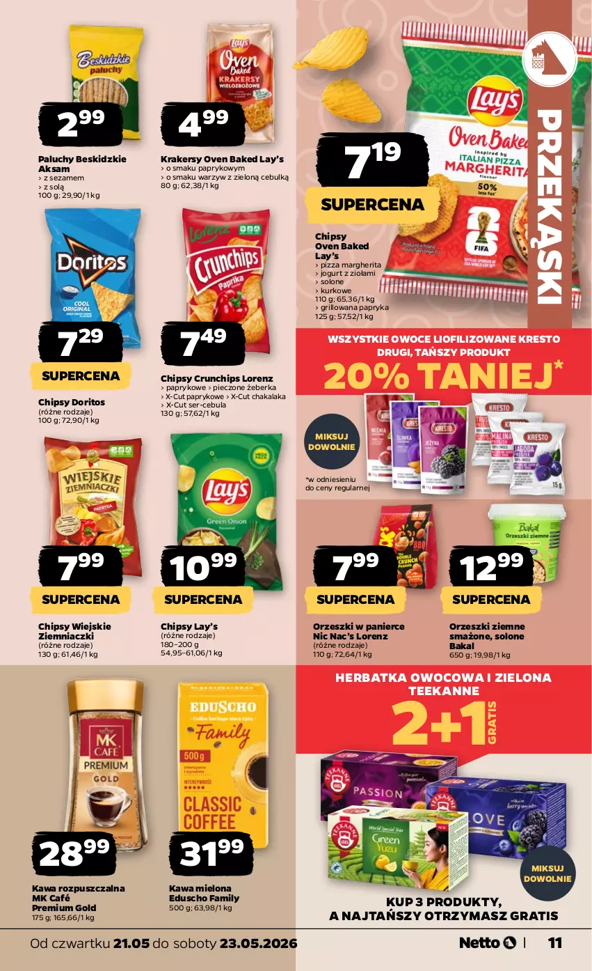 Gazetka promocyjna Netto - Od Czwartku - ważna 21.05 do 23.05.2026 - strona 11 - produkty: Aksam, Beskidzki, Cebula, Chipsy, Crunchips, Fa, Gra, Grill, Jogurt, Kawa, Kawa mielona, Kawa rozpuszczalna, Krakersy, Lay’s, Lorenz, Orzeszki, Orzeszki ziemne, Owoce, Papryka, Piec, Pizza, Pizza margherita, Ser, Sezam, Teekanne