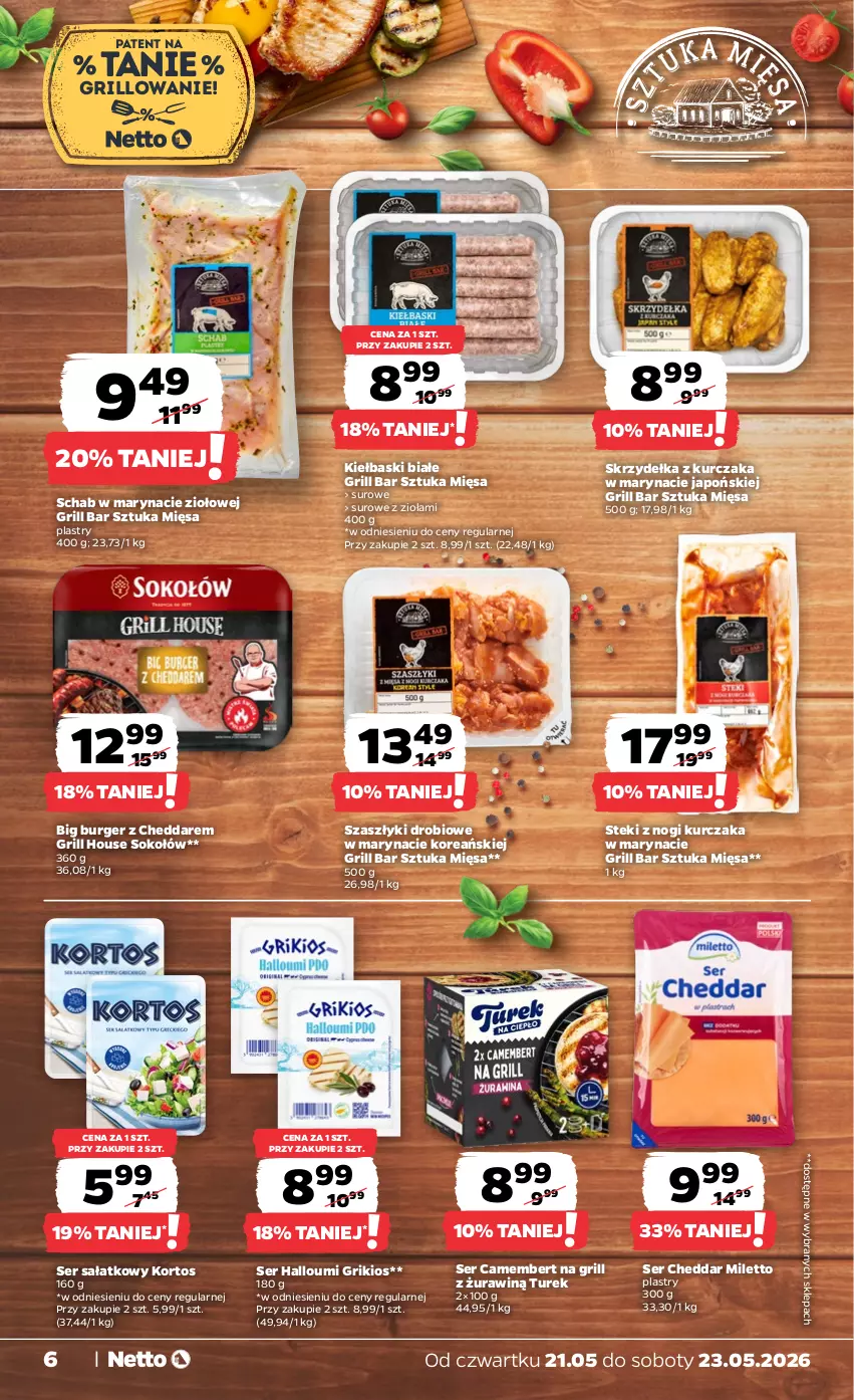 Gazetka promocyjna Netto - Od Czwartku - ważna 21.05 do 23.05.2026 - strona 6 - produkty: Burger, Camembert, Cheddar, Grill, Kiełbaski białe, Kurczak, Sałat, Ser, Skrzydełka z kurczaka, Sok, Sokołów, Stek