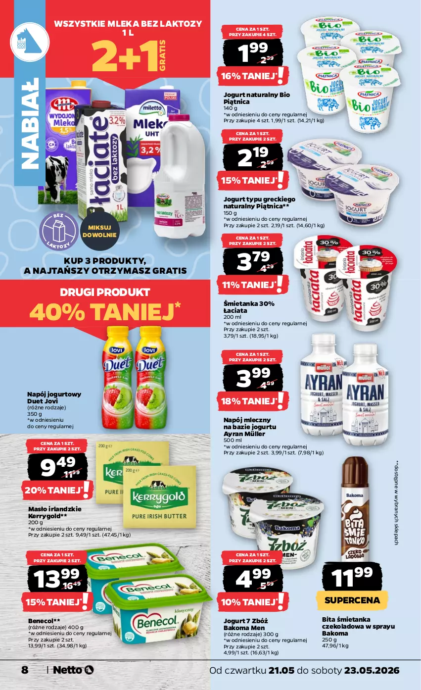 Gazetka promocyjna Netto - Od Czwartku - ważna 21.05 do 23.05.2026 - strona 8 - produkty: Bakoma, Benecol, Gra, Jogurt, Jogurt naturalny, Masło, Müller, Napój, Napój jogurtowy, Napój mleczny, Piątnica