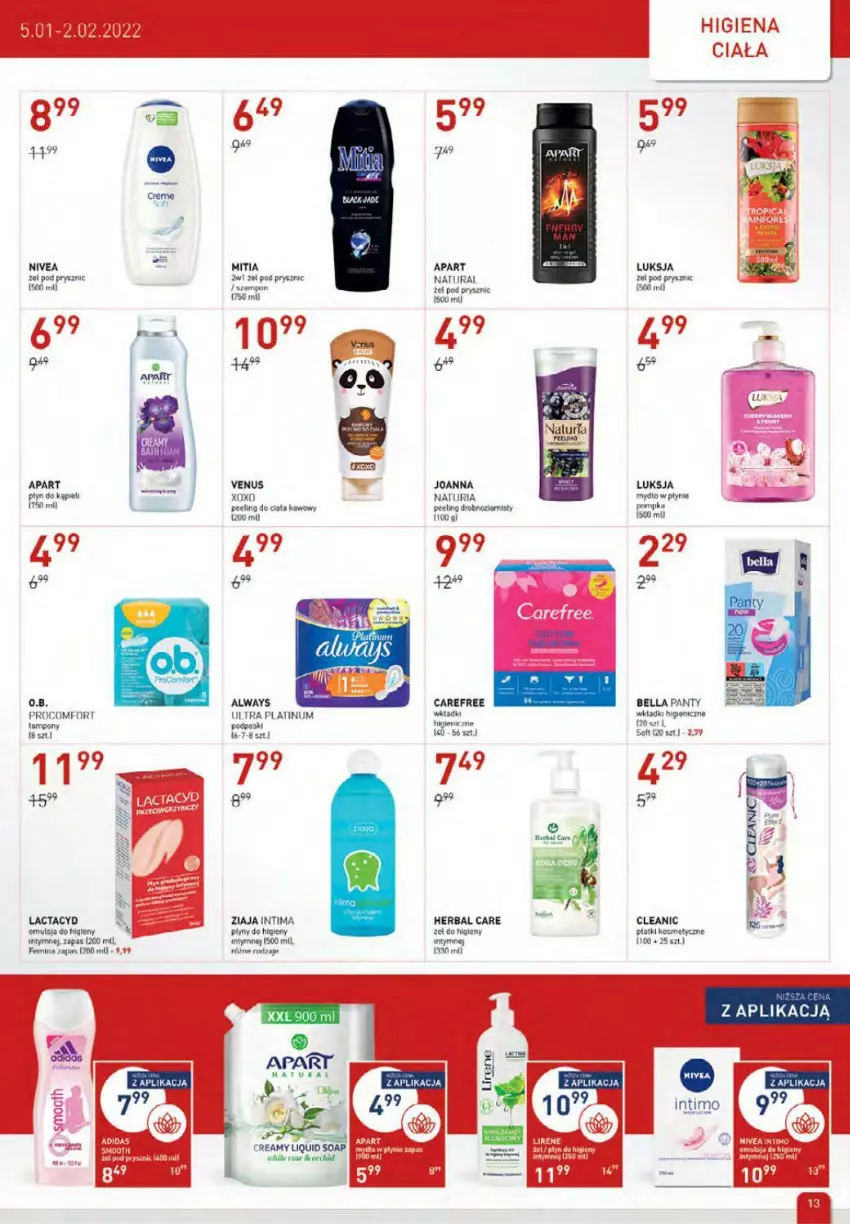 Gazetka promocyjna Drogerie Jawa - ważna 05.01 do 02.02.2022 - strona 13 - produkty: Always, Bell, Bella, Carefree, Cleanic, Joanna, Lactacyd, LG, Luksja, Mydło, Mydło w płynie, Nivea, Peeling, Podpaski, Venus, Wkładki, Ziaja