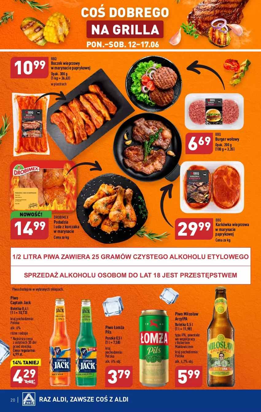 Gazetka promocyjna Aldi - Pełen katalog od 12.06 - ważna 12.06 do 17.06.2023 - strona 20 - produkty: Boczek, Boczek wieprzowy, Burger, Captain Jack, Drobimex, Gra, Grill, Karkówka wieprzowa, Kurczak, Piwa, Piwo