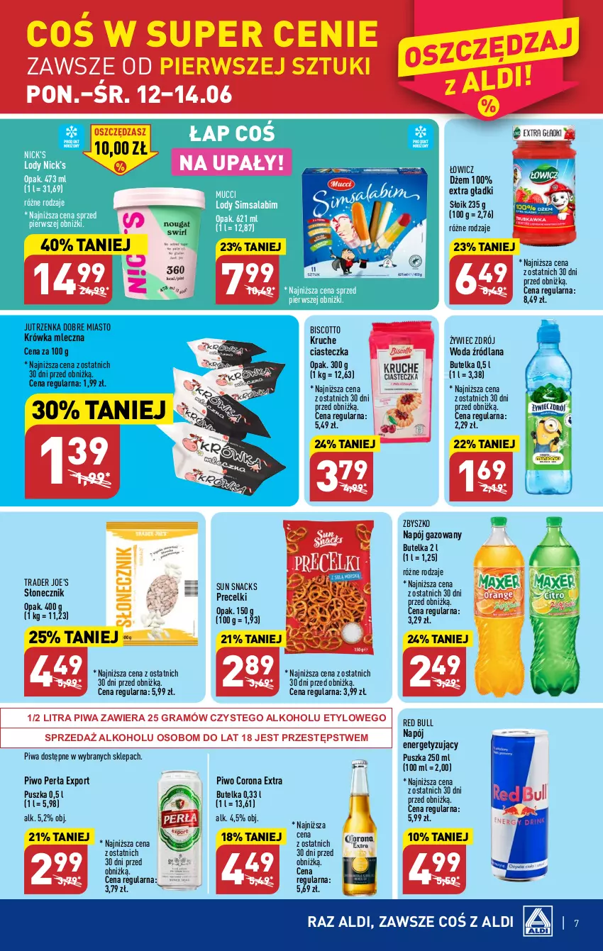 Gazetka promocyjna Aldi - Pełen katalog od 12.06 - ważna 12.06 do 17.06.2023 - strona 7 - produkty: Corona Extra, Dżem, Gra, Jutrzenka, LANA, Lody, Napój, Napój gazowany, Perła, Piwa, Piwo, Por, Precelki, Red Bull, Woda